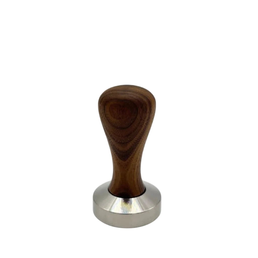 51 mm Tamper auf weißem Hintergrund mit Tamper Griff in Walnuss und Tamper Base zusammengeschraubt