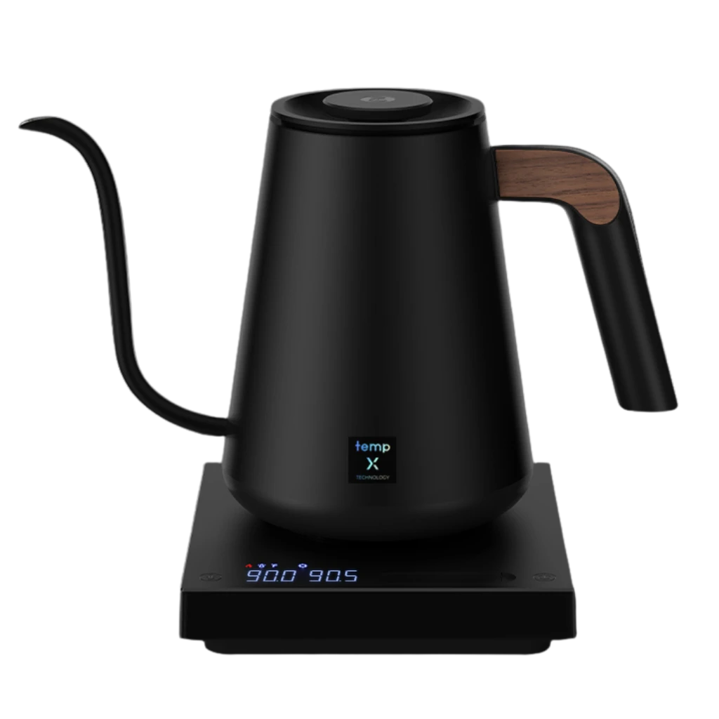 Timemore Fish Pro X Schwanenhals-Wasserkocher in Schwarz mit temp X Display und Holzgriff.