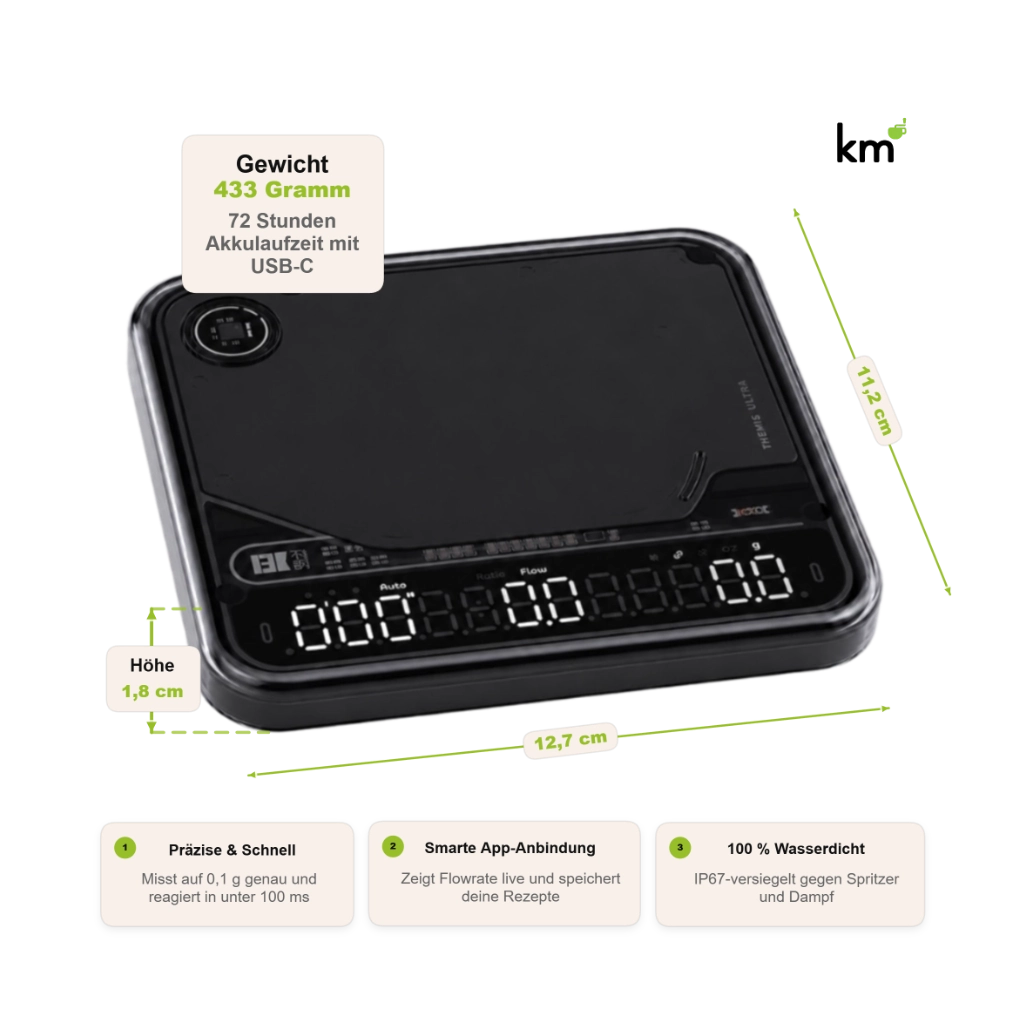 BOOKOO THEMIS Ultra Bluetooth-Kaffeewaage mit Maßen 12,7 × 11,2 × 1,8 cm, 433 g Gewicht, App-Anbindung, 0,1-g-Präzision und IP67-Schutz.