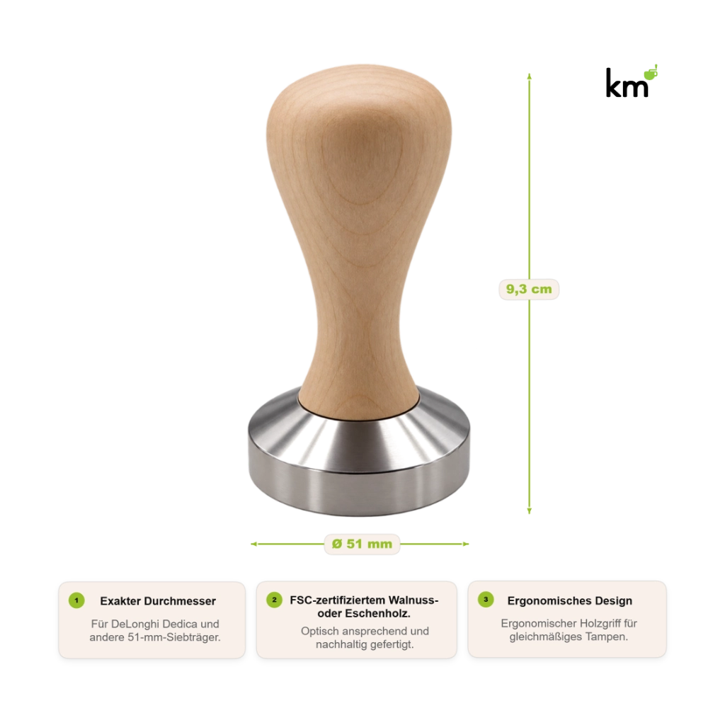 Kaffeemacher Tamper 51 mm für De’Longhi Dedica mit hellem Holzgriff und Edelstahlbasis, 9,3 cm Höhe und ergonomischem Design