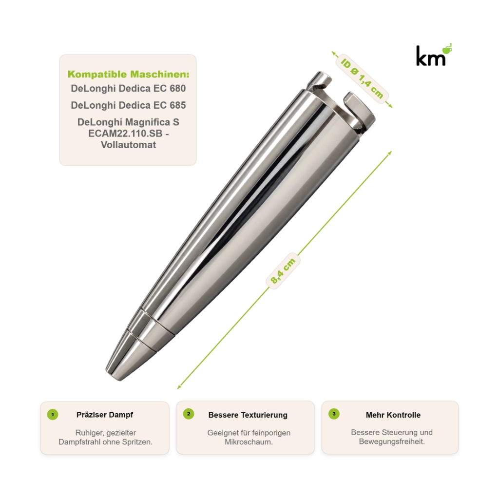 Kaffeemacher Edelstahl-Dampflanze für De’Longhi Dedica EC 680, EC 685 und Magnifica S mit 8,4 cm Länge und 1,4 cm Innendurchmesser