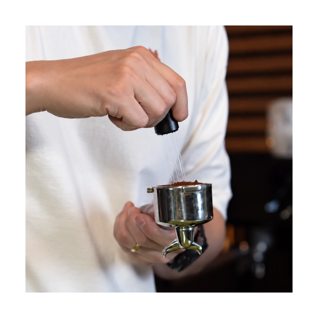 Kaffeemacher WDT-Nadeltool in Schwarz beim Auflockern und gleichmäßigen Verteilen von Kaffeemehl im Siebträger