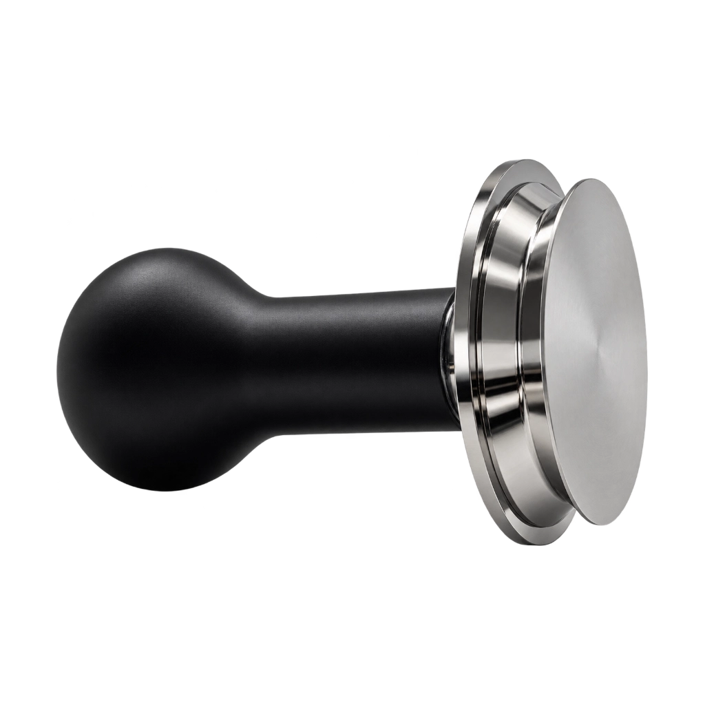Kaffeemacher Profi-Drucktamper 58,55 mm in Schwarz als seitliche Detailansicht mit ergonomischem Griff, flacher Edelstahlbasis und gefederter Konstruktion