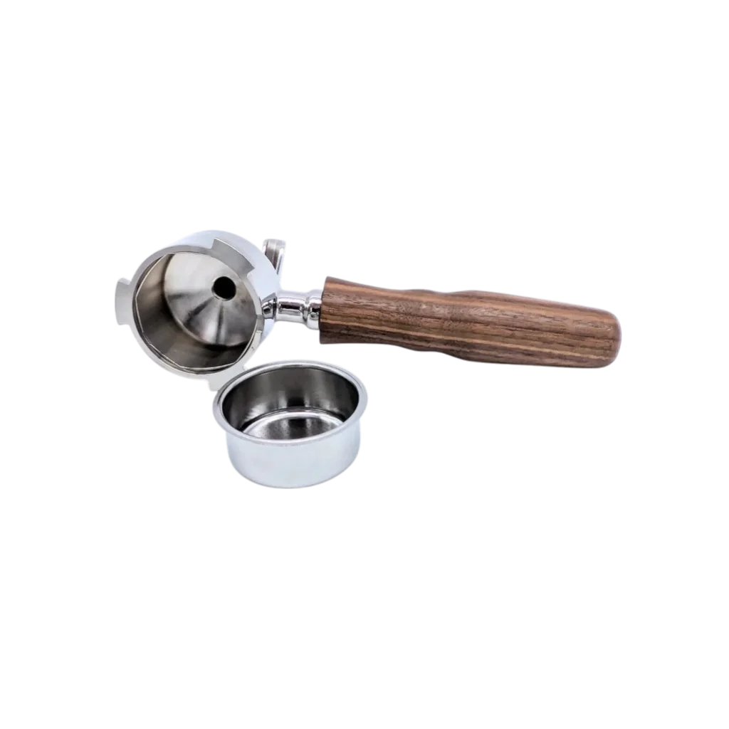 Siebträger 2er Auslauf mit Walnuss-Griff , Seitenansicht und entnommenem 25 mm Sieb