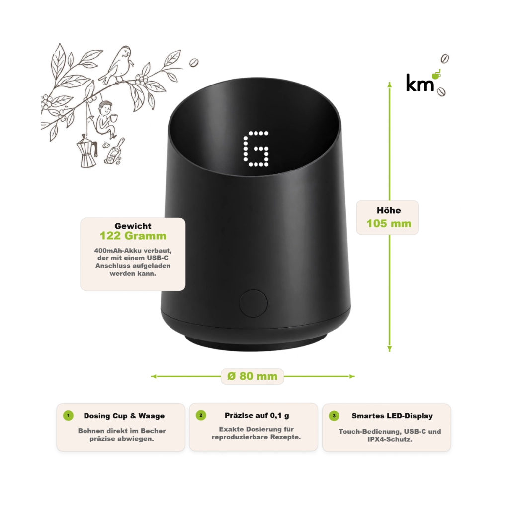 Subminimal Subscale Dosierbecher mit Waage – 105 mm Höhe, 80 mm Durchmesser, 122 g Gewicht und 0,1-g-Präzision