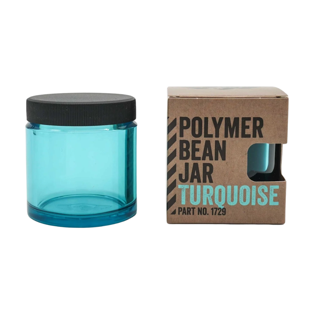 Comandante C40 Bean Jar Bohnenbehälter aus Kunststoff in Türkis mit schwarzem Schraubdeckel und Originalverpackung