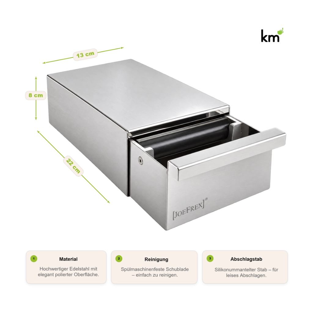 JoeFrex Abschlagschublade D Mini aus Edelstahl mit Maßen 22 × 13 × 8 cm, geöffnetem Auszug und silikonummanteltem Abschlagstab