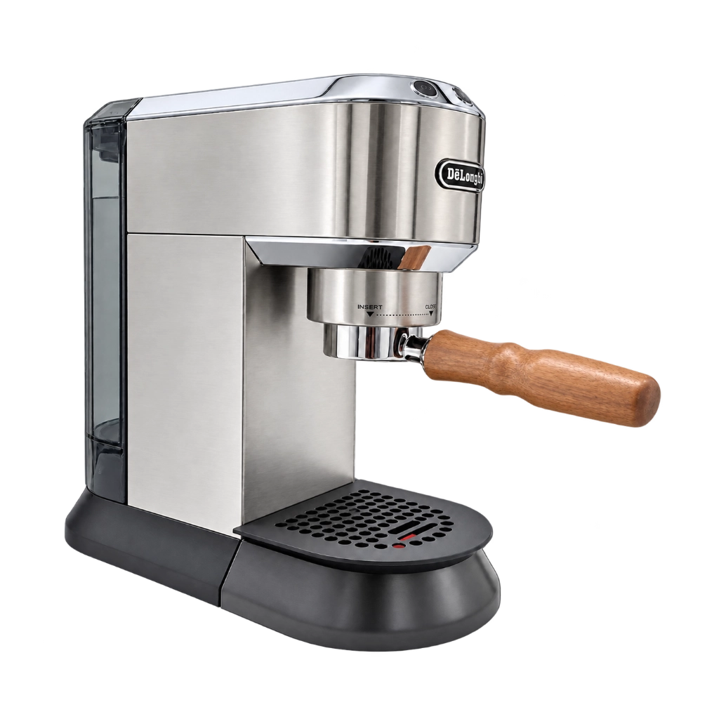 Kaffeemacher Abtropfgitter in Schwarz, eingesetzt in einer De’Longhi Dedica Espressomaschine mit Edelstahlgehäuse und Siebträger mit Holzgriff