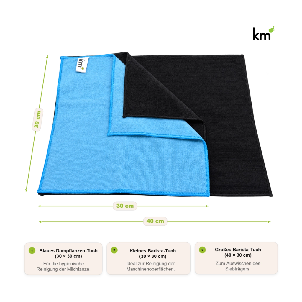 Kaffeemacher Barista-Tücher im 3er-Set aus Mikrofaser in Blau und Schwarz mit Größenvergleich der Tücher in 30 × 30 cm und 40 × 30 cm