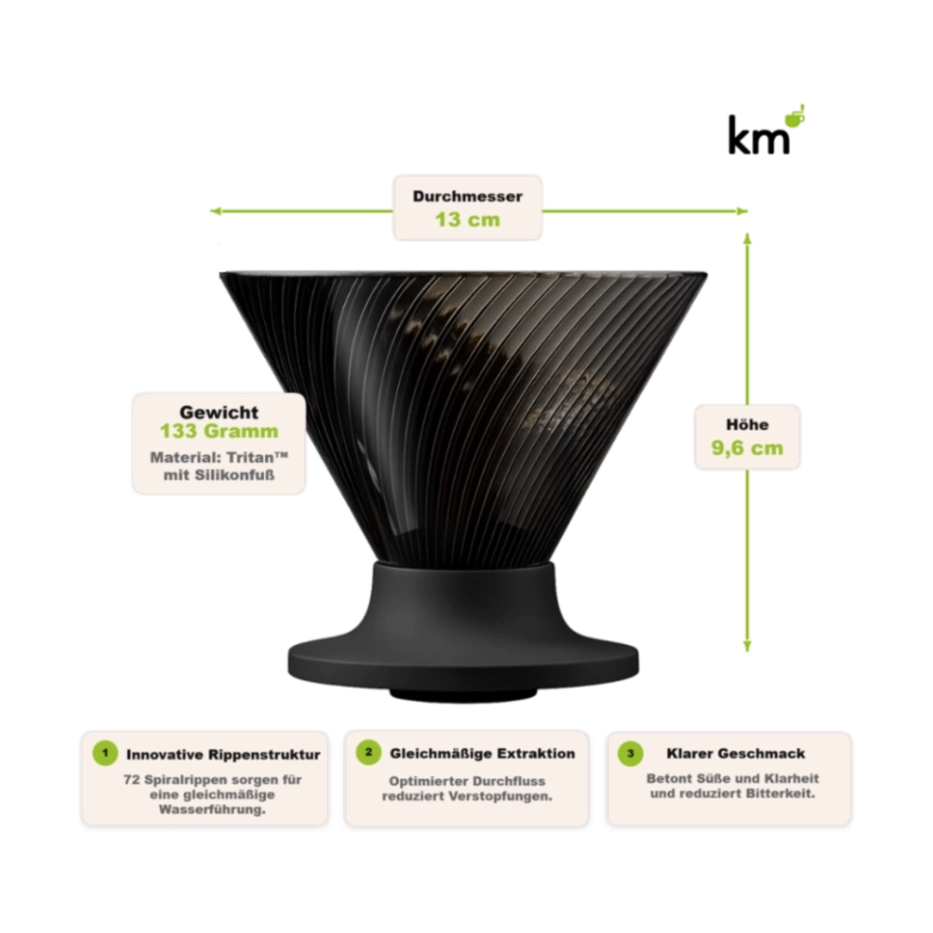Hario V60 NEO 02 Handfilter mit 13 cm Durchmesser, 9,6 cm Höhe und 133 g Gewicht.