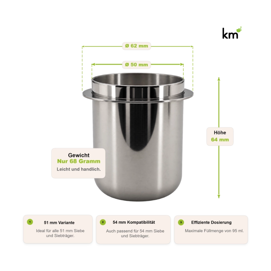 Kaffeemacher Messbecher aus Edelstahl 51 mm mit Maßen, 95 ml Fassungsvermögen und 68 g Gewicht