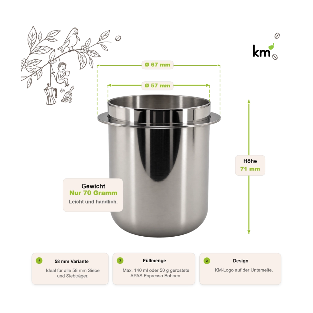 Kaffeemacher Edelstahl-Dosierbecher 58 mm mit Maßen, 70 g Gewicht und 140 ml Füllmenge