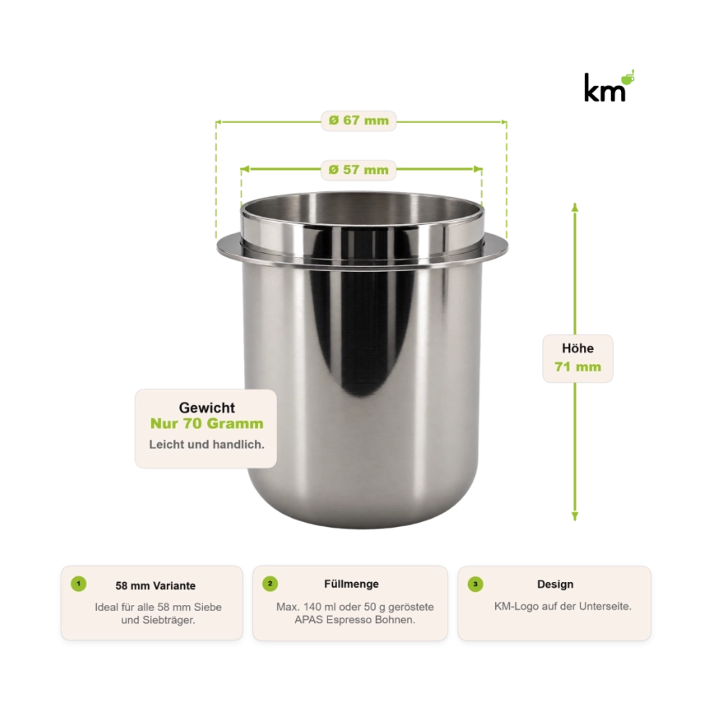 Kaffeemacher Messbecher aus Edelstahl 58 mm mit Maßen, 140 ml Fassungsvermögen und 70 g Gewicht