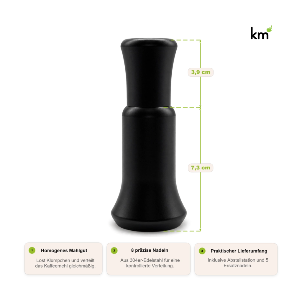 Kaffeemacher WDT-Nadeltool in Schwarz mit Maßangaben von 3,9 und 7,3 cm, 8 Edelstahlnadeln und Abstellstation