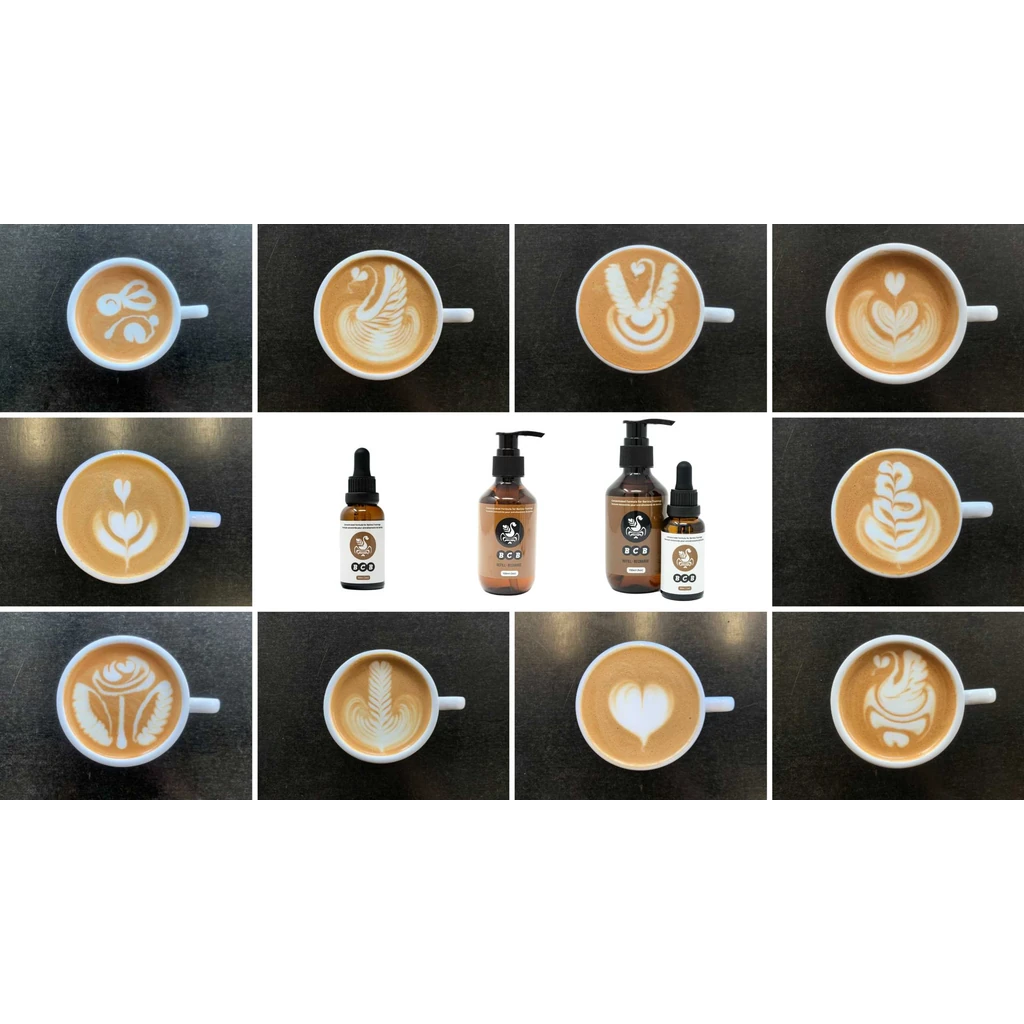 Foto Collage von Diversen Latte Art Motiven mithilfe der BCB Latte Art Tropfen 