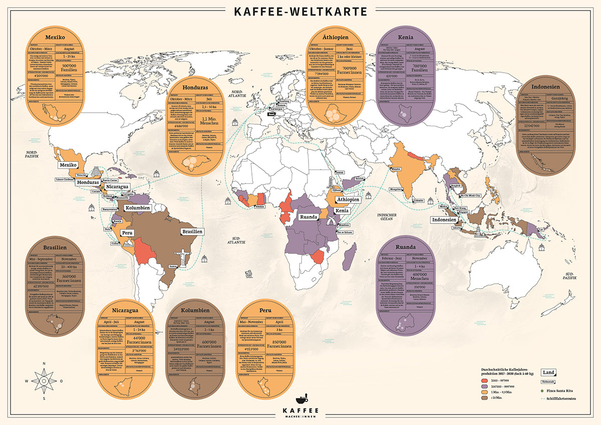 Kaffee-Weltkarte, bunt mit Informationen zu Kaffeeanbau-Regionen